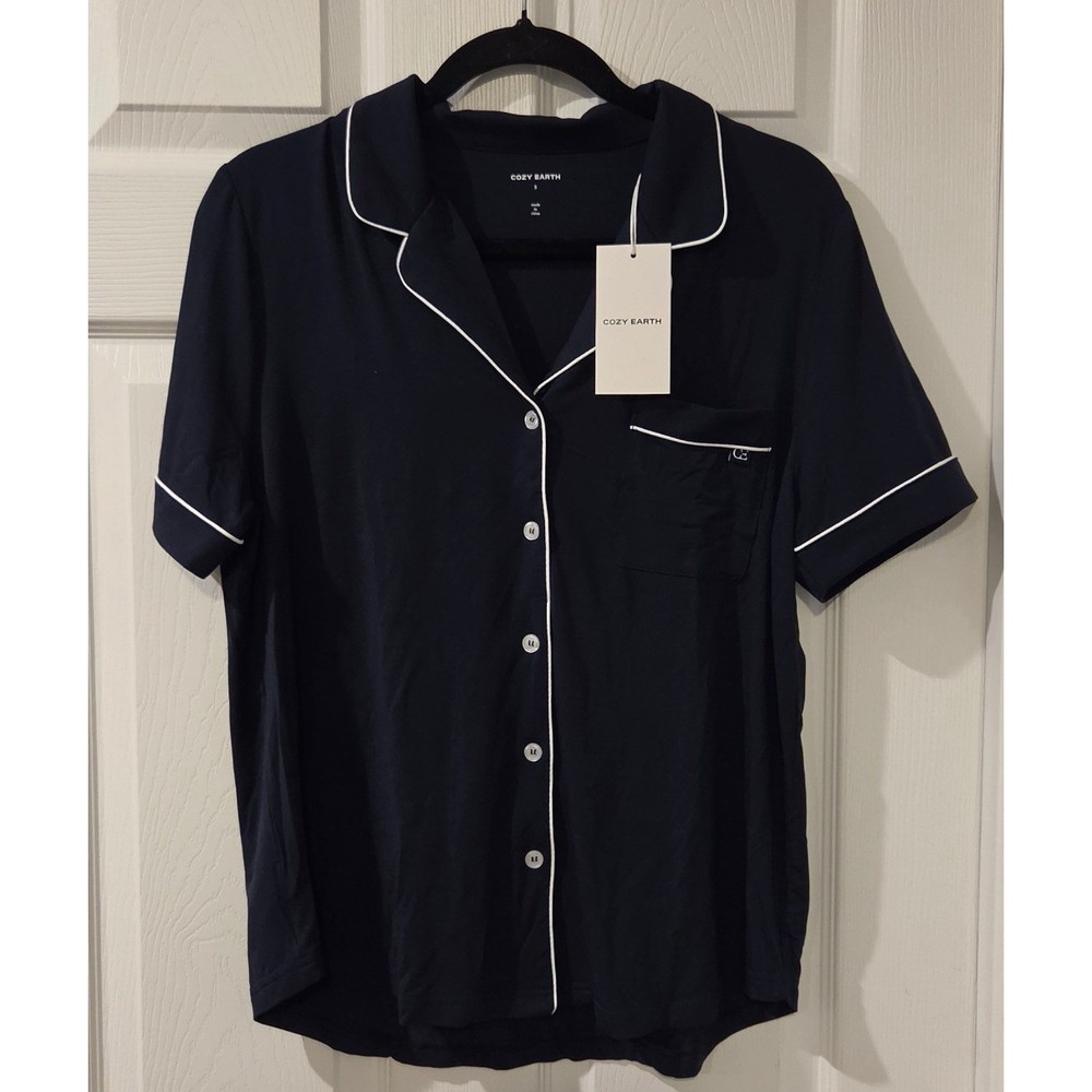NWT Cozy Earth Bamboo Stretch Knit Pajama Top S Navy Blue Short Sleeve